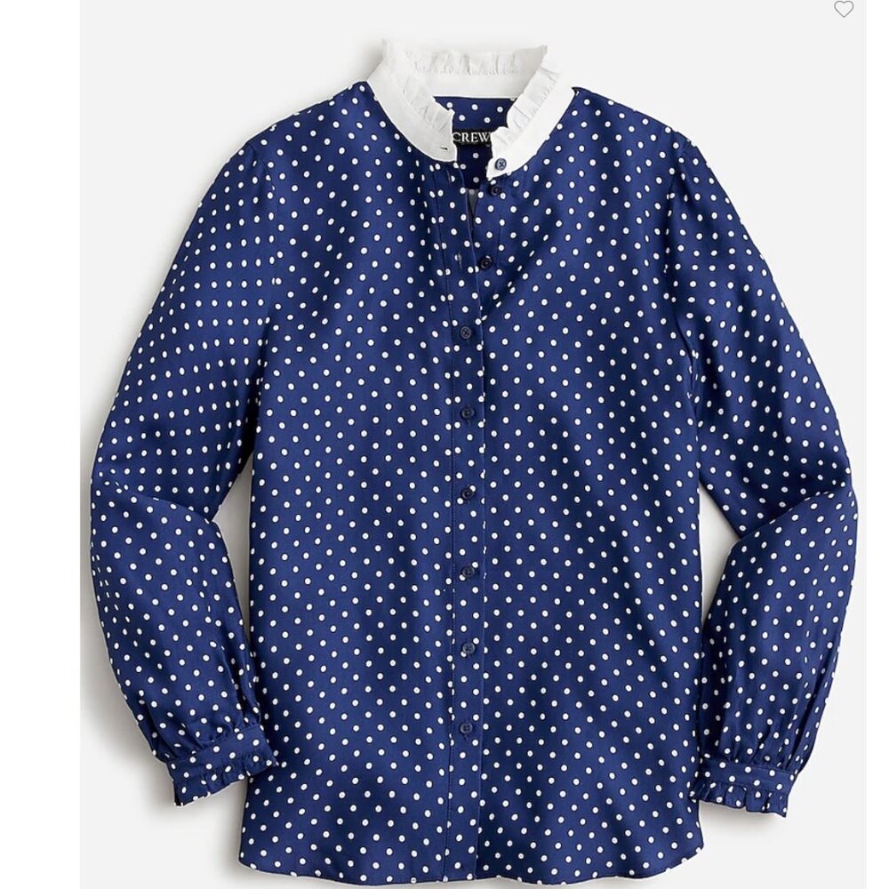 NWT J. Crew Drapey cupro-blend ruffle-trim shirt in dot